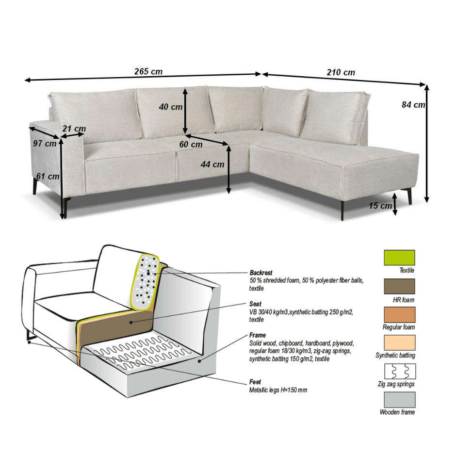 Hoekbank met chaise longue antraciet chenille Yara - links