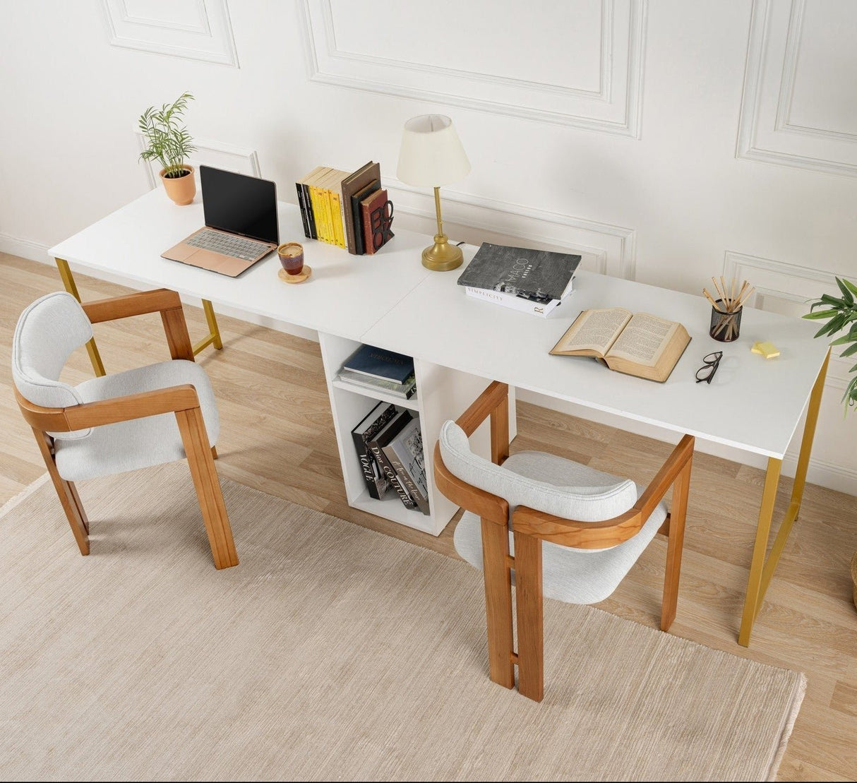 Studie bureau Melamine 240x60 cm Twin Study Desk wit en goud White Gold