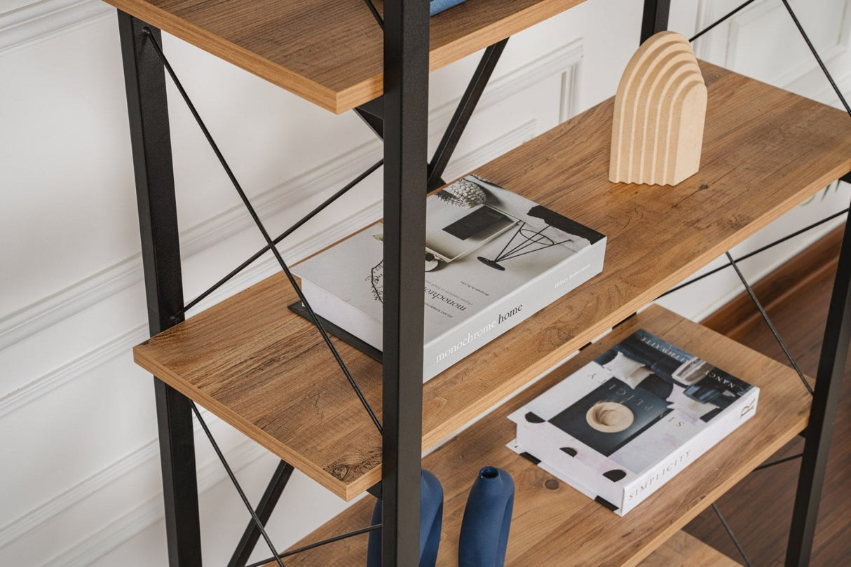 Industriële boekenkast dennenhout melamine Ely - zwart frame - 180x90 cm