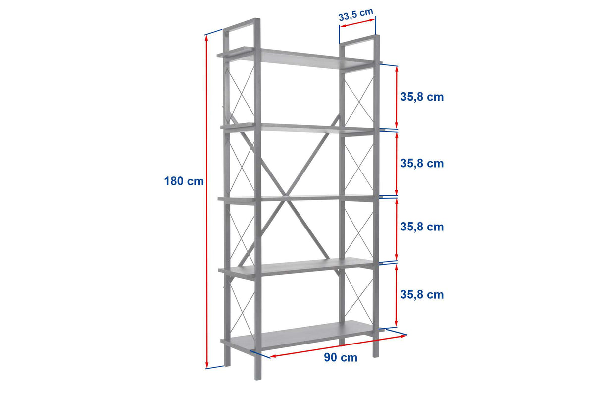Industriële boekenkast eiken melamine Ely - zwart frame - 180x90 cm