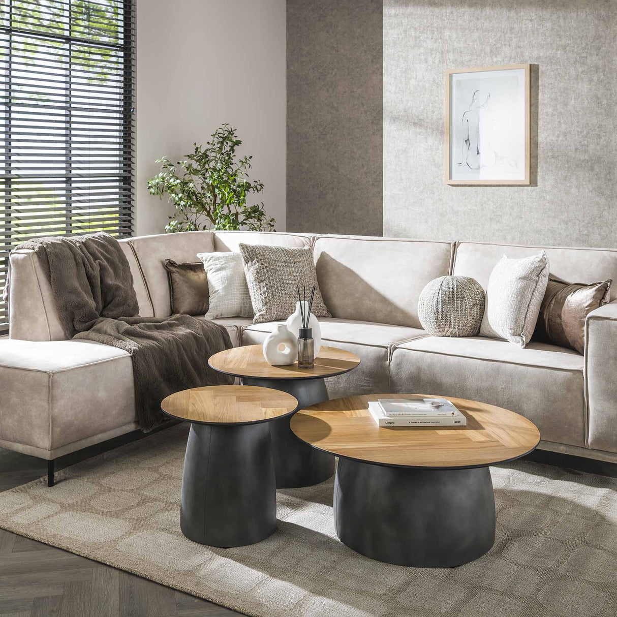 Salontafel set van 3 visgraad Elva teakhout - frame metaal