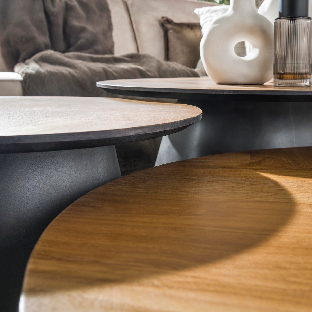 Salontafel set van 3 visgraad Elva teakhout - frame metaal