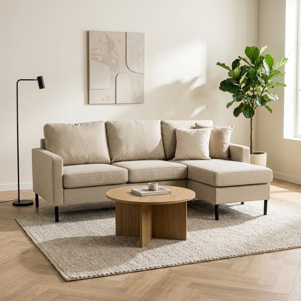 3-zits hoekbank Blair stof beige links en rechts sfeerfoto in modern interieur