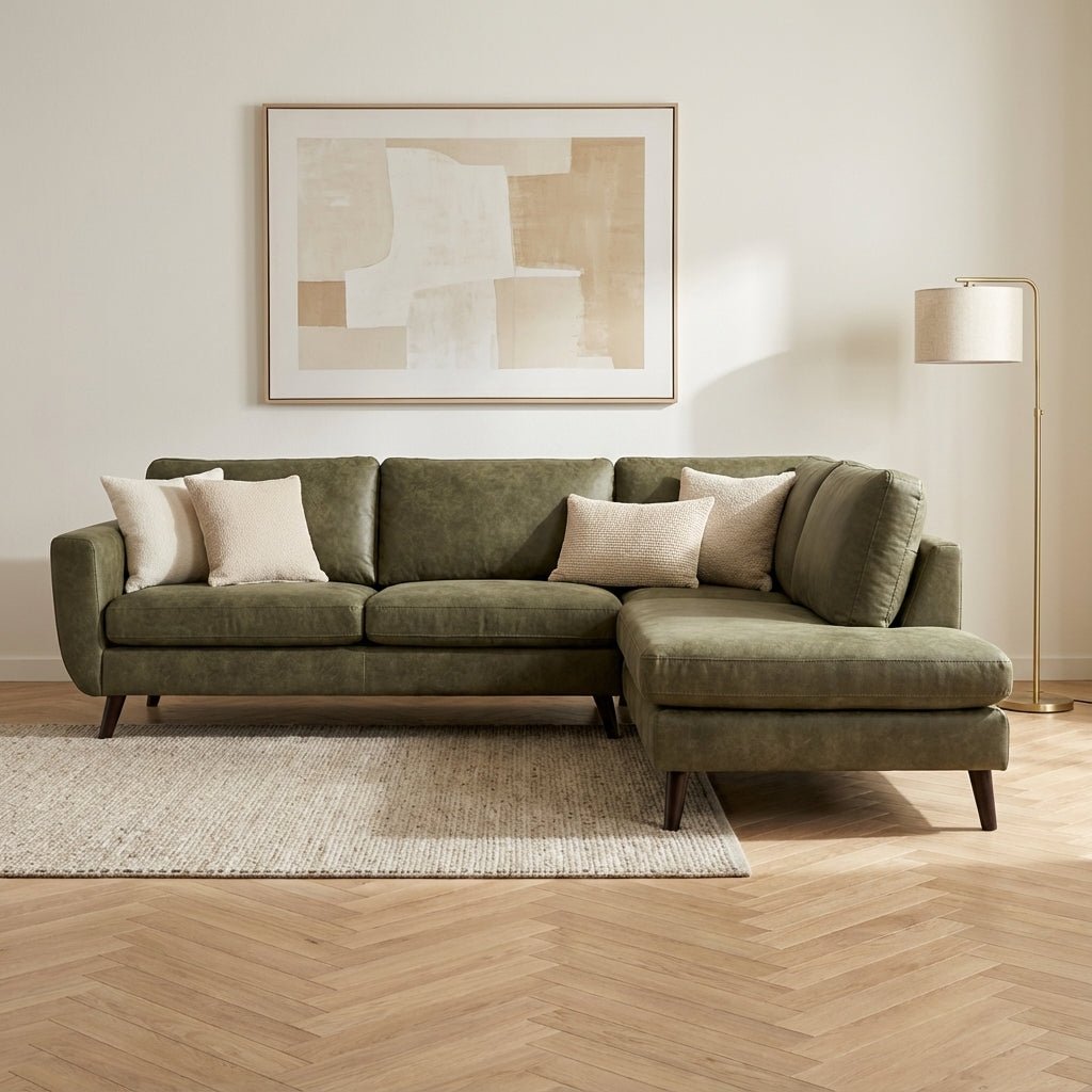 3-zits hoekbank Callum stof groen rechts sfeerfoto in modern interieur