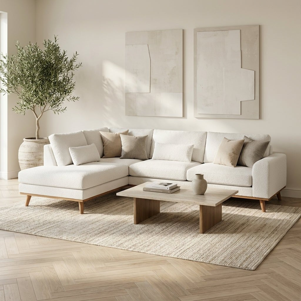 3-zits hoekbank Jolie bouclé wit sfeerfoto in modern interieur