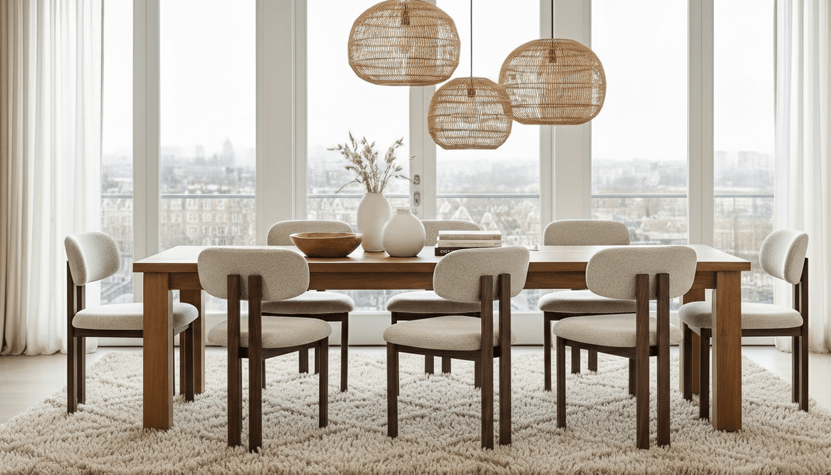 Japandi Eetkamerstoel Miyo Bouclé Beige - Eikenlook Frame