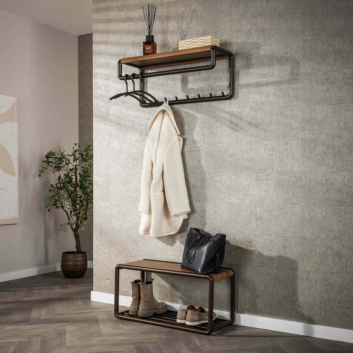 Kapstok Senna roede en hoedenplank 8 haken Drift brown