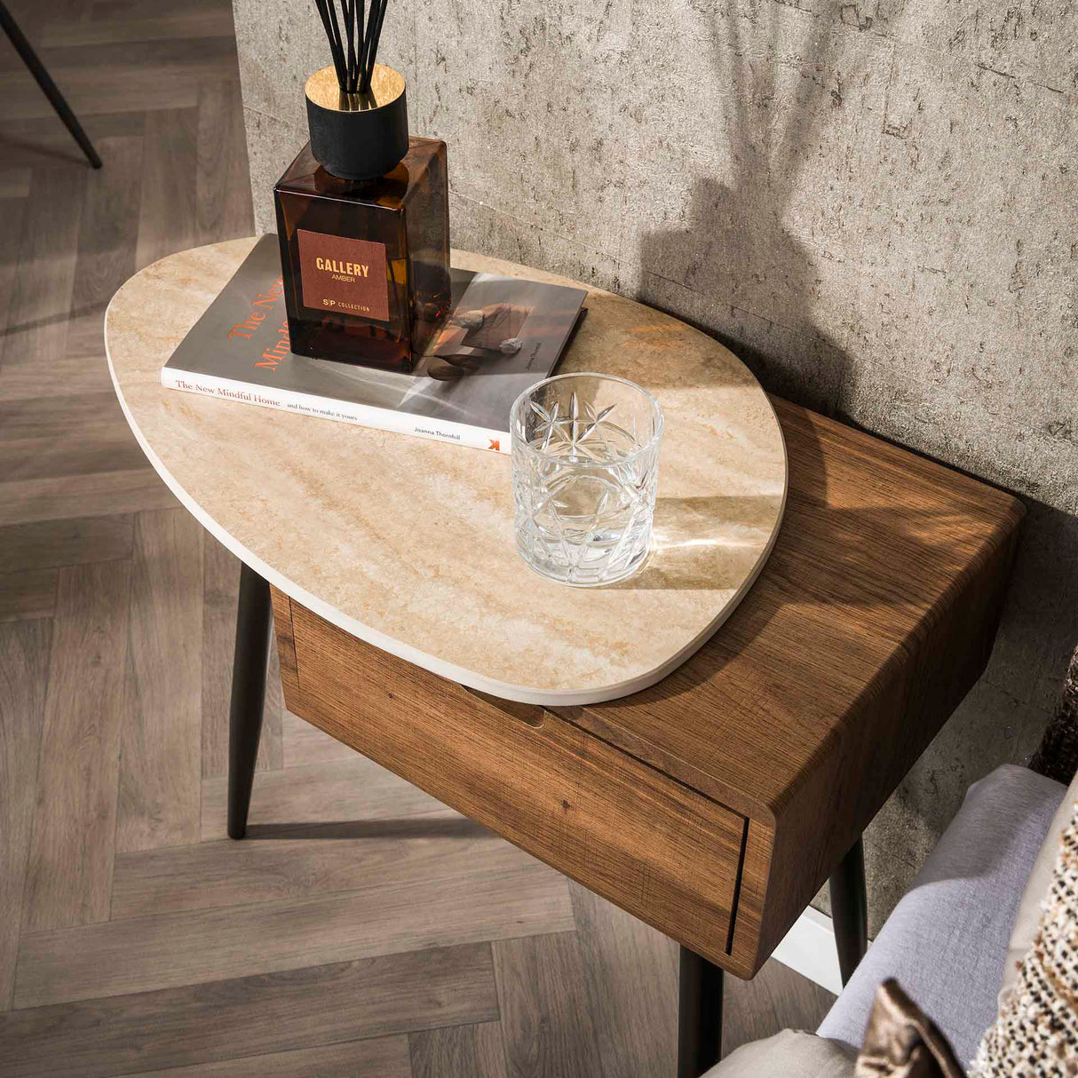 Nachtkastje Borea Links 1 Lade Keramiek Travertine