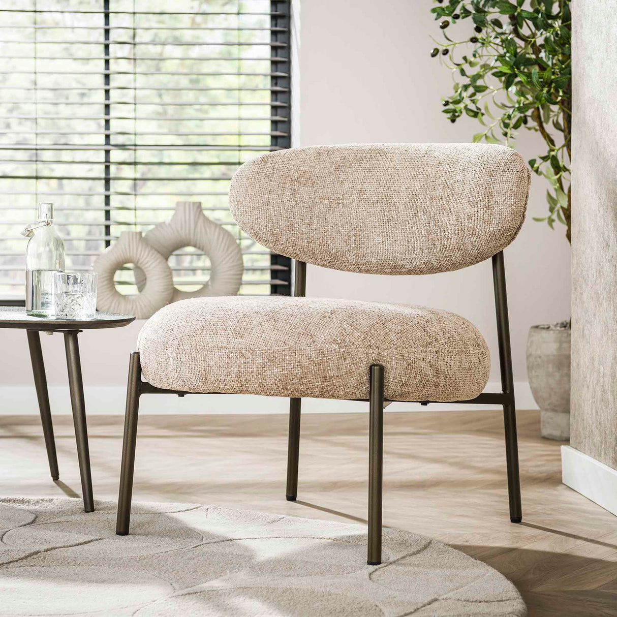 Ronde Scandinavische fauteuil beige gemêleerde stof Nova