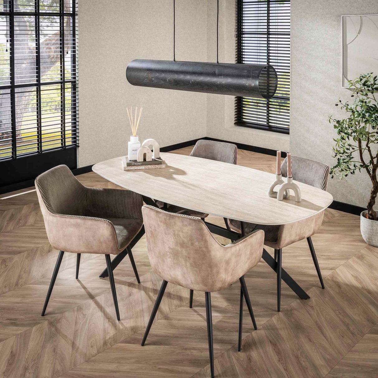 Eettafel Jimi Deens Ovaal Keramiek Travertinlook 180 cm