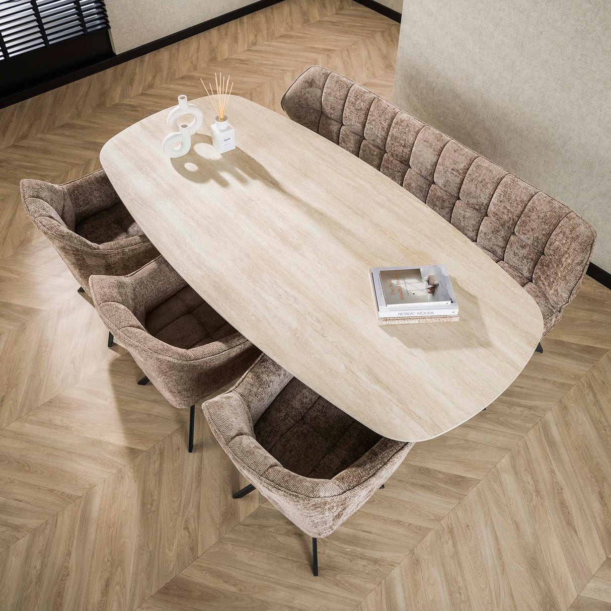 Valente Ovaal 215 Travertine 3D Keramiek Eettafel