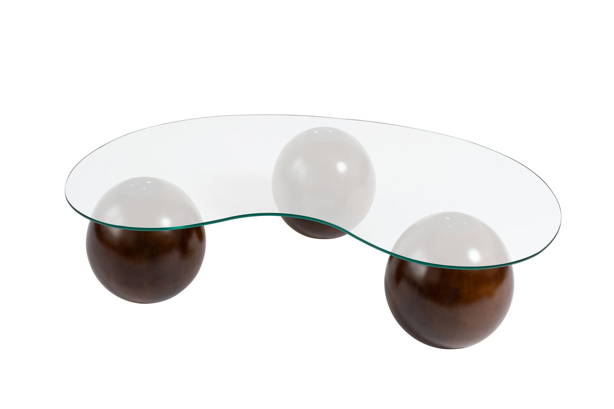 Organische salontafel transparant glas walnoot bolpoten Sphere 120x70 cm