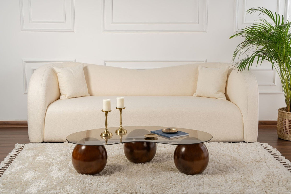 Organische salontafel brons getint glas walnoot bolpoten Sphere 120x70 cm