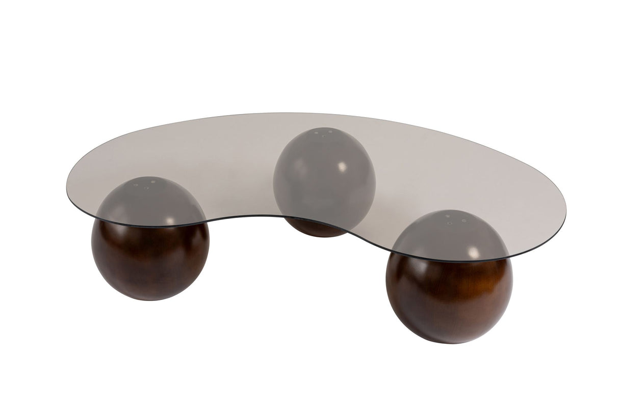 Organische salontafel brons getint glas walnoot bolpoten Sphere 120x70 cm
