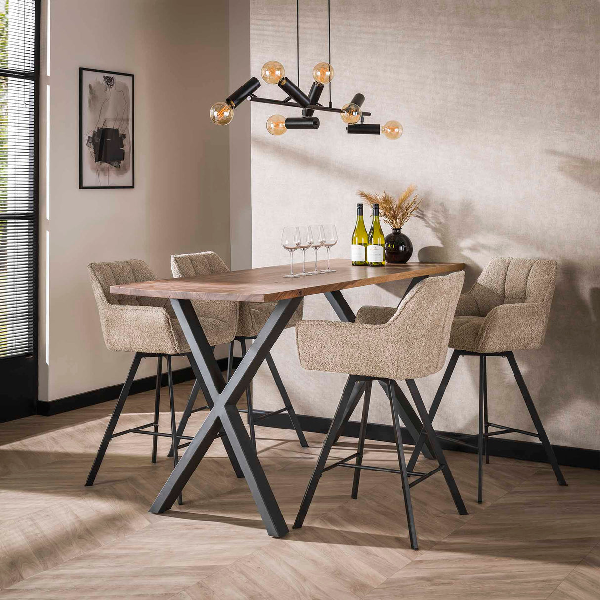 Set van 2 Barkrukken Lino Bouclé Zand Draaibaar Raster