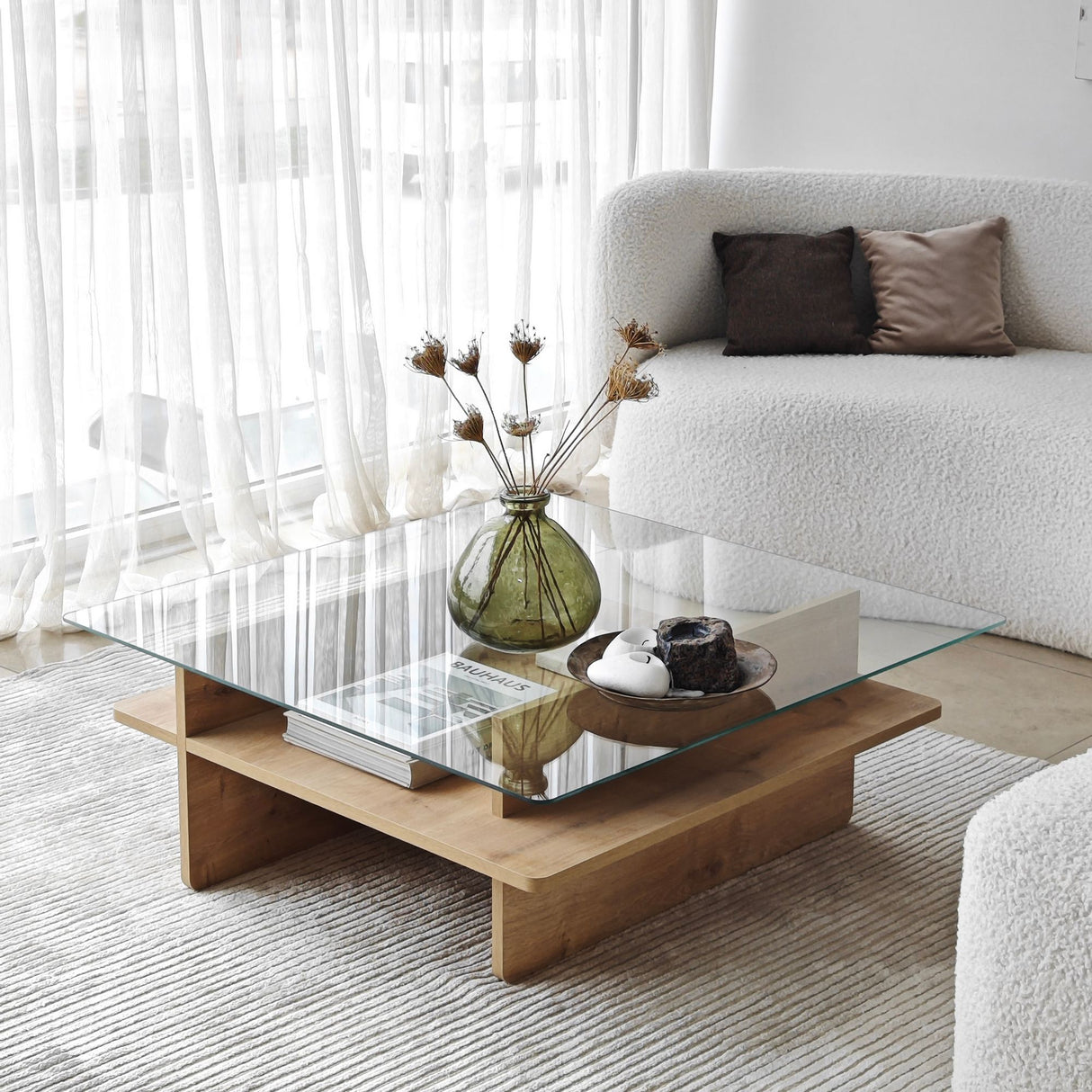 Salontafel Vierkant Glas Sagu - Sapphire Melamine Onderstel - 90x90 cm