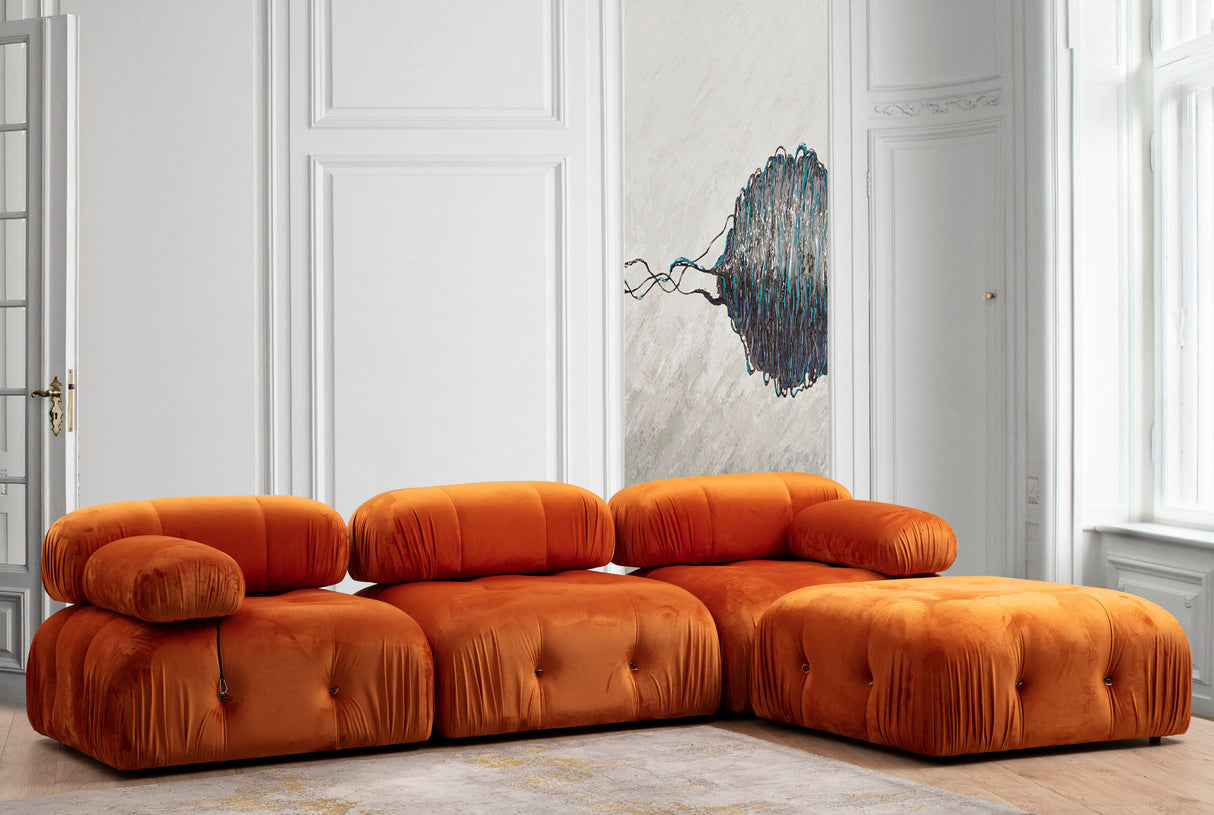 Modulaire XXL hoekbank Bubble met hocker - velvet oranje