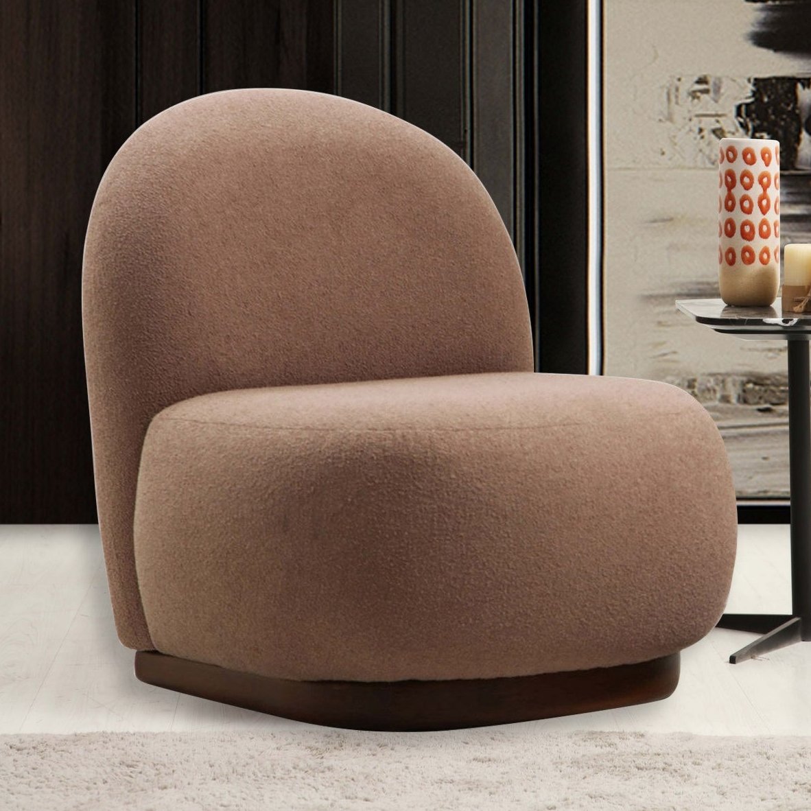 Japandi fauteuil bruin bouclé organische vorm Tina