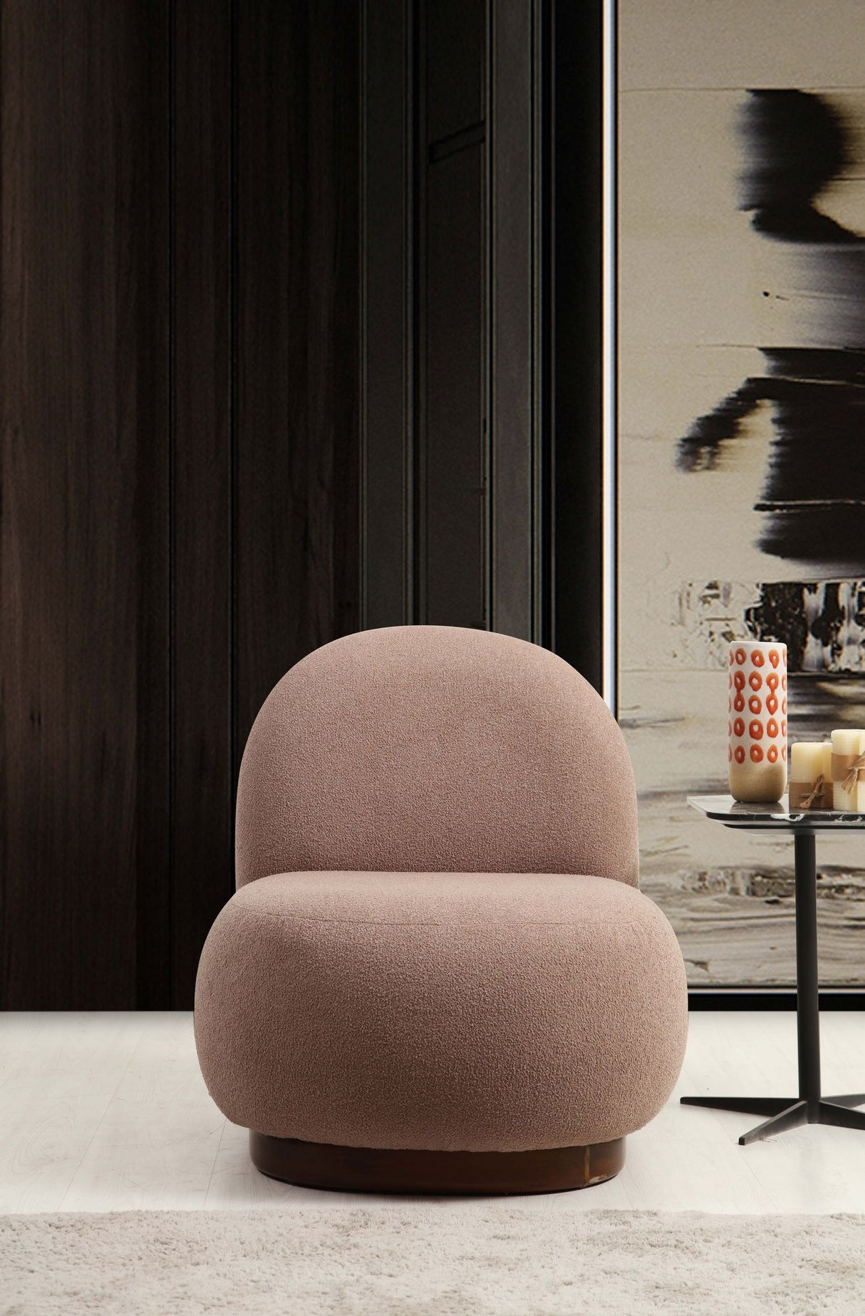 Japandi fauteuil bruin bouclé organische vorm Tina