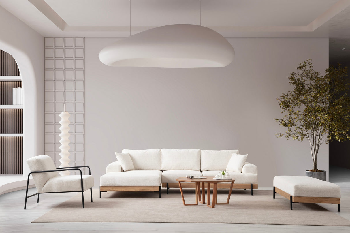 Banken - Moderne Hoekbank Links Eti Stof Wit - Hout Frame - Dimehouse