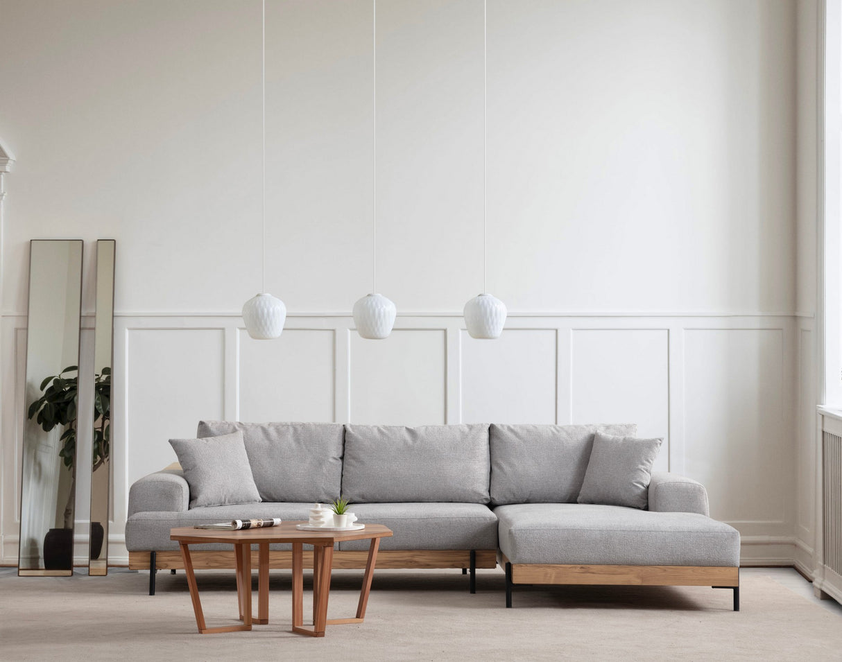 Banken - Moderne Hoekbank Rechts Eti Stof Grijs - Hout Frame - Dimehouse