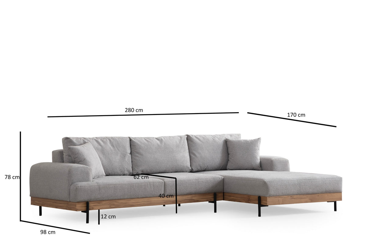 Banken - Moderne Hoekbank Rechts Eti Stof Grijs - Hout Frame - Dimehouse