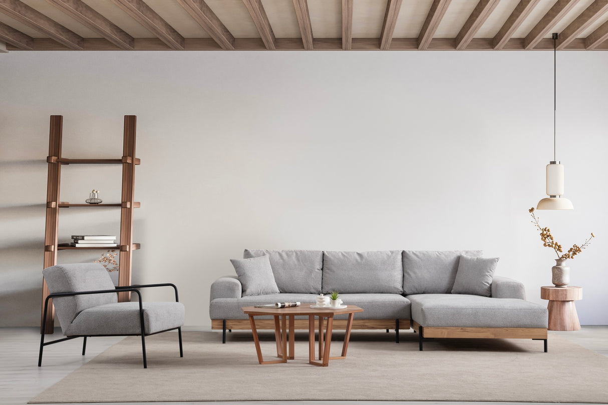 Banken - Moderne Hoekbank Rechts Eti Stof Grijs - Hout Frame - Dimehouse