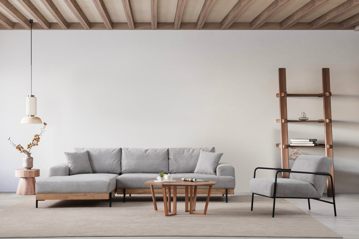 Banken - Moderne Hoekbank Links Eti Stof Grijs - Hout Frame - Dimehouse