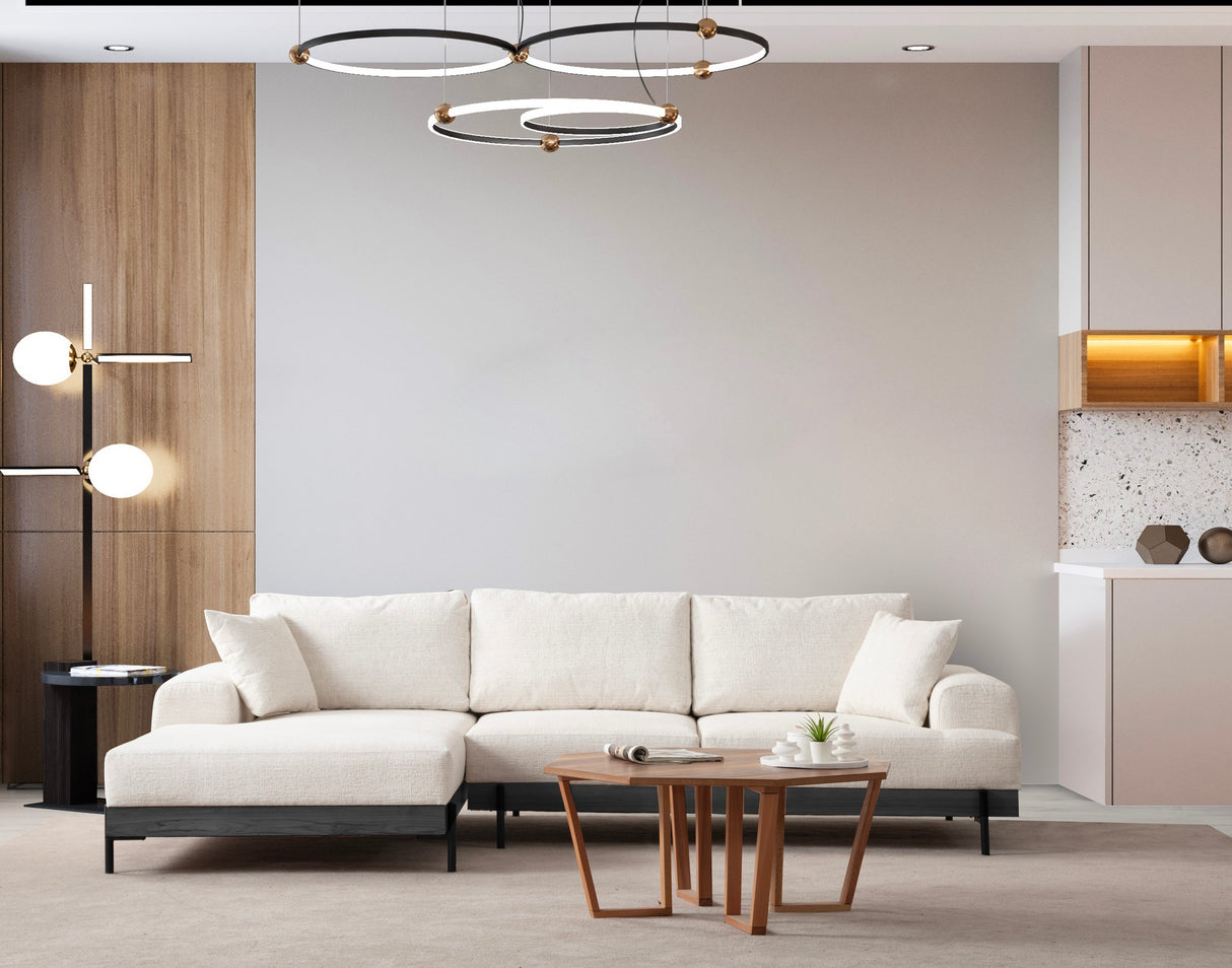 Banken - Moderne Hoekbank Links Eti Stof Wit - Zwart Houten Frame - Dimehouse