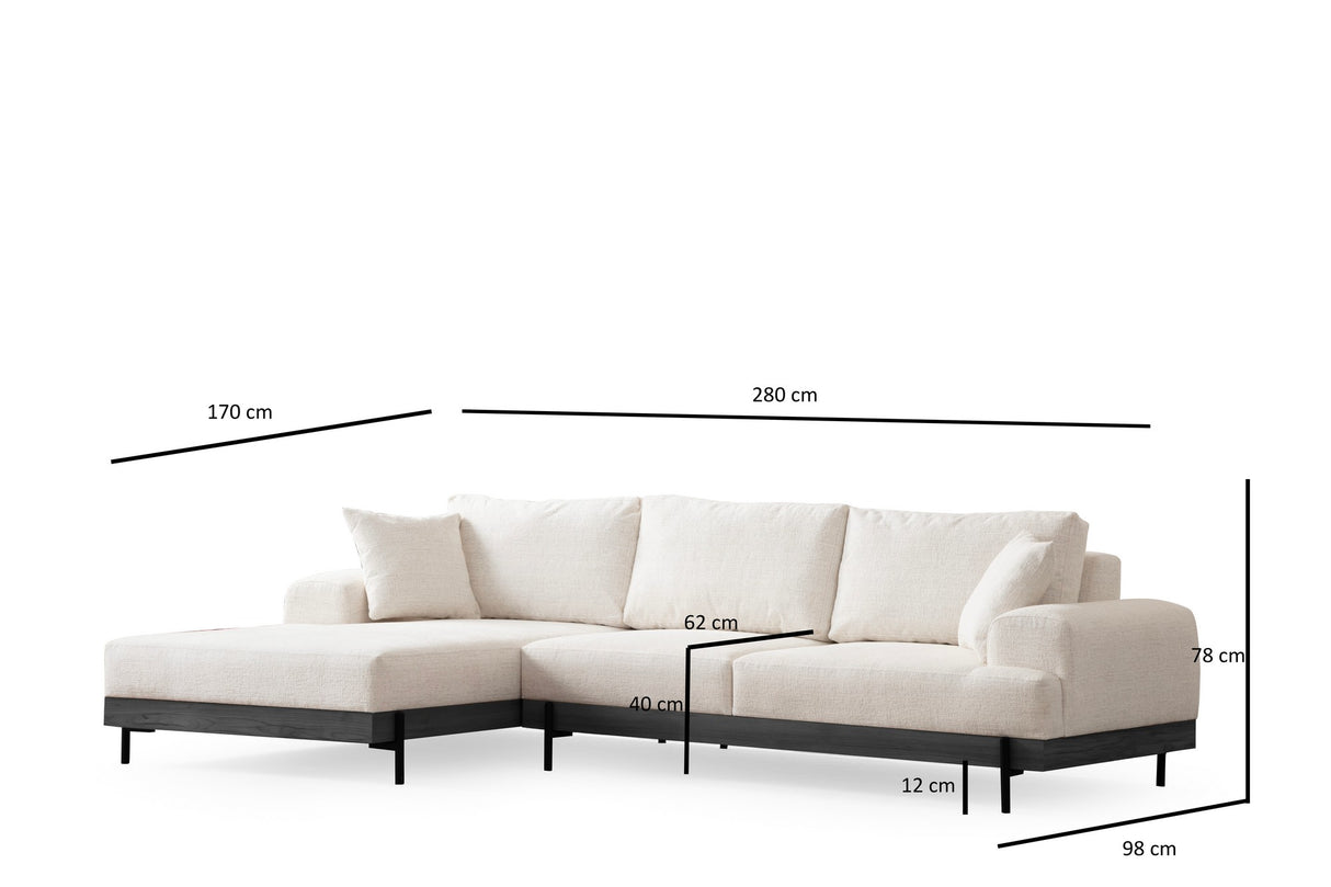 Banken - Moderne Hoekbank Links Eti Stof Wit - Zwart Houten Frame - Dimehouse
