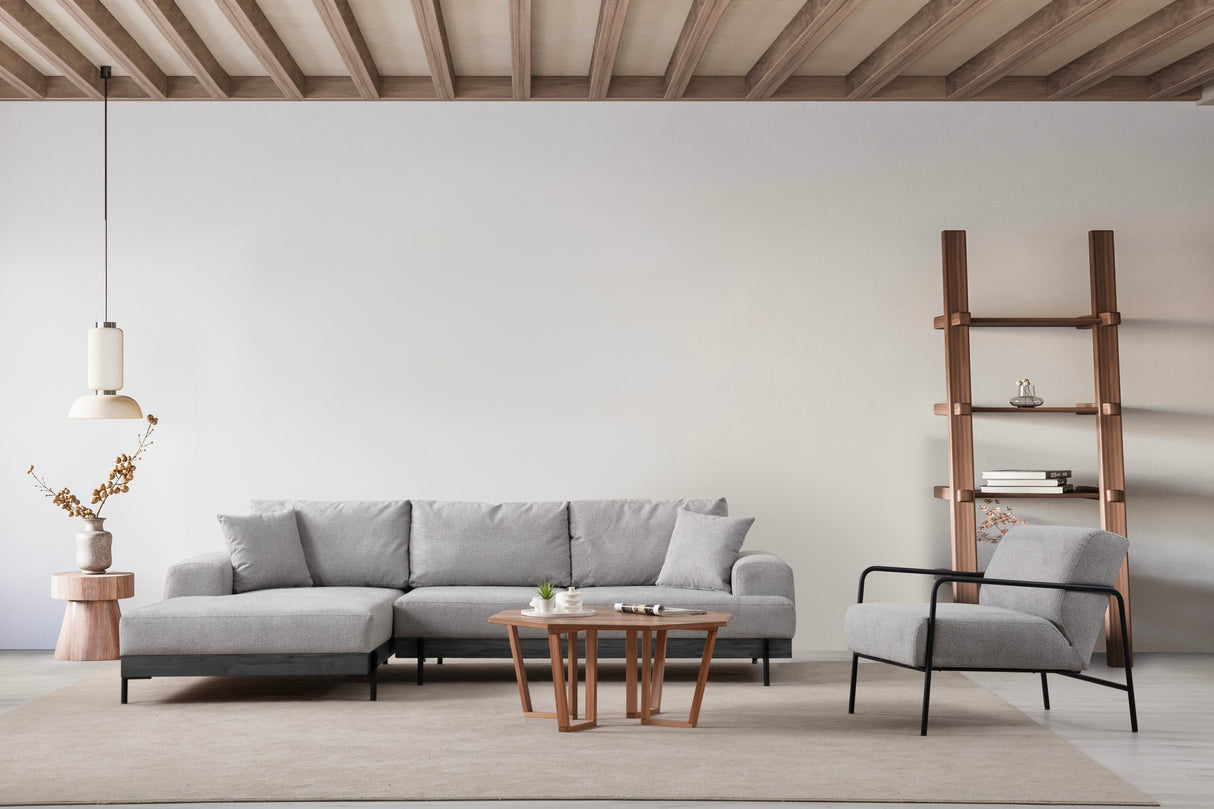 Banken - Moderne Hoekbank Links Eti Stof Grijs - Zwart Houten Frame - Dimehouse