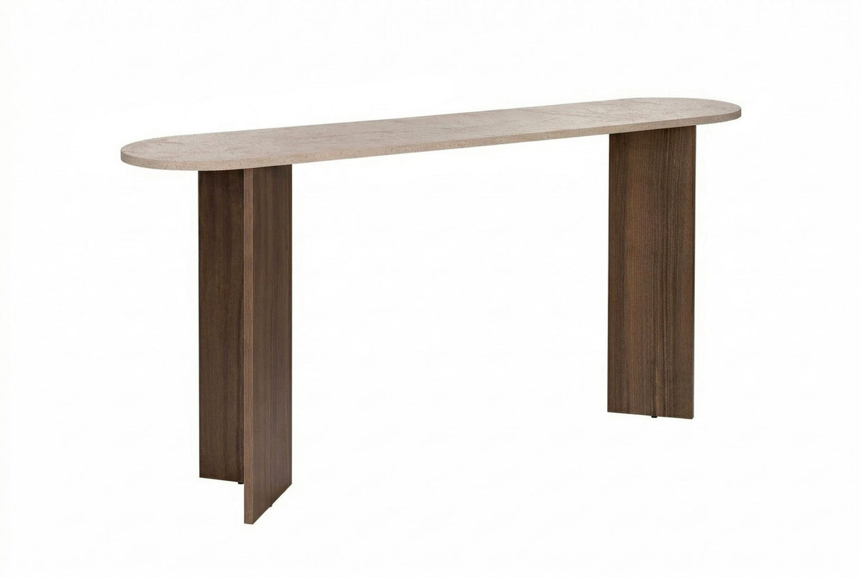Witfoto moderne ovale sidetable met een travertin look blad en walnoot melamine onderstel. Stijlvol minimalistisch design.