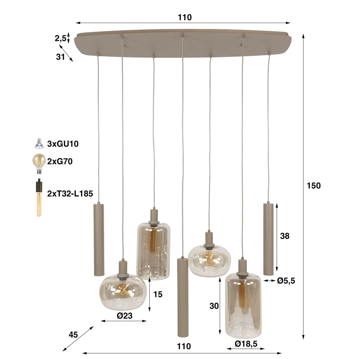 Hanglamp - Hanglamp Sera 7 - lichts beige metaal amber glas - Dimehouse