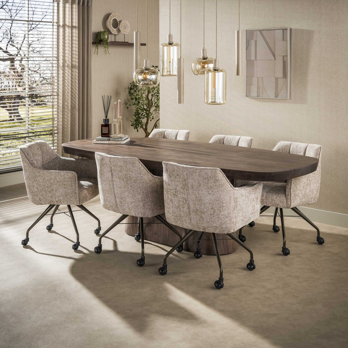 Hanglamp - Hanglamp Sera 7 - lichts beige metaal amber glas - Dimehouse