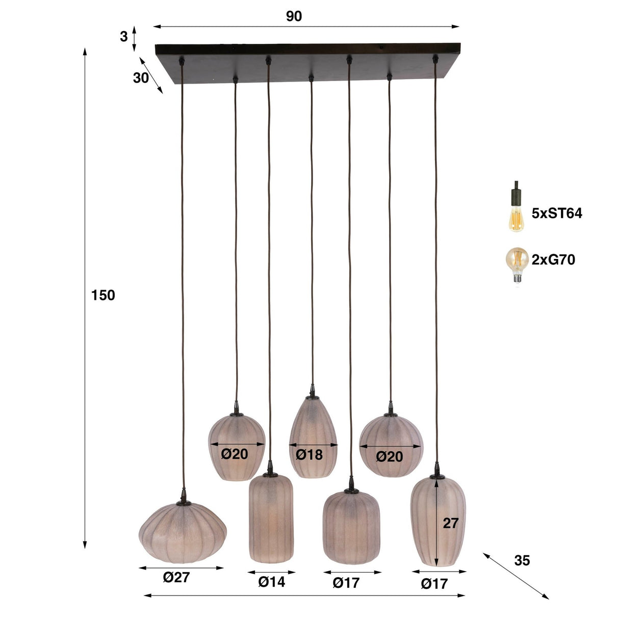 Hanglampen - Hanglamp 7 - lichts bruin frosted glas Arda - Dimehouse