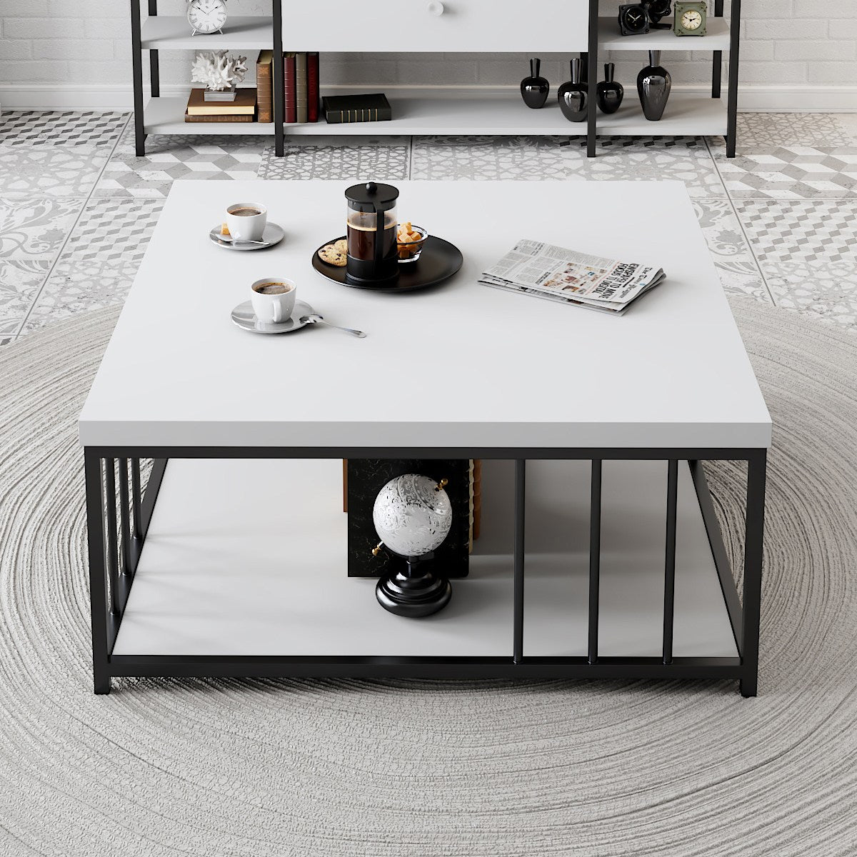 Salontafels - Vierkante Salontafel Wit Zenn 90x90 - Zwart Frame - Dimehouse