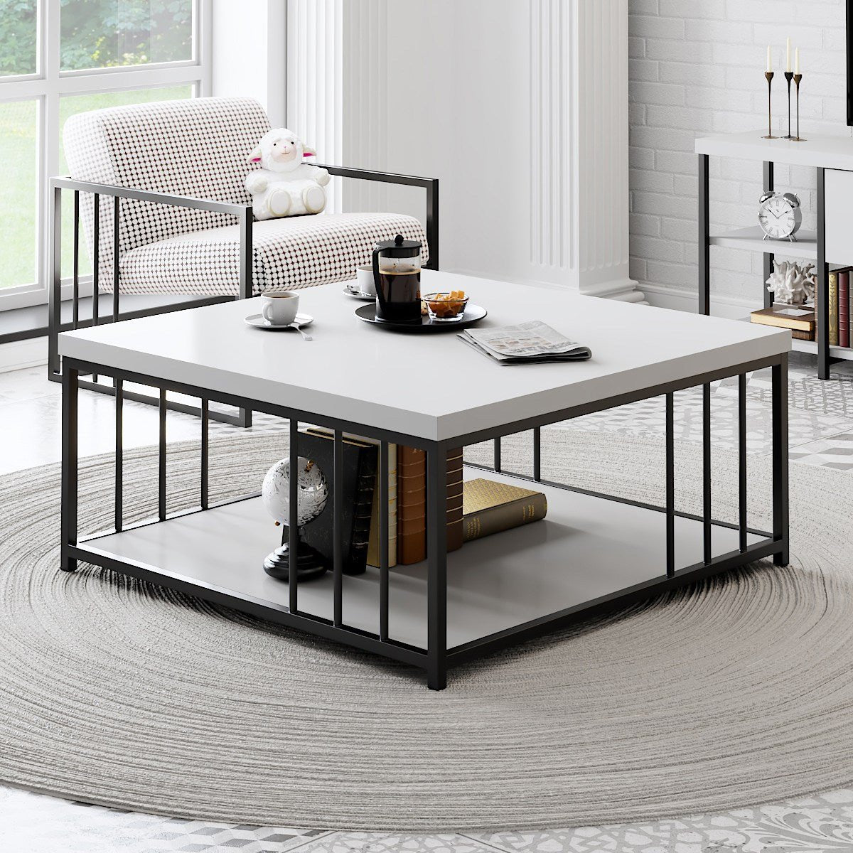 Salontafels - Vierkante Salontafel Wit Zenn 90x90 - Zwart Frame - Dimehouse