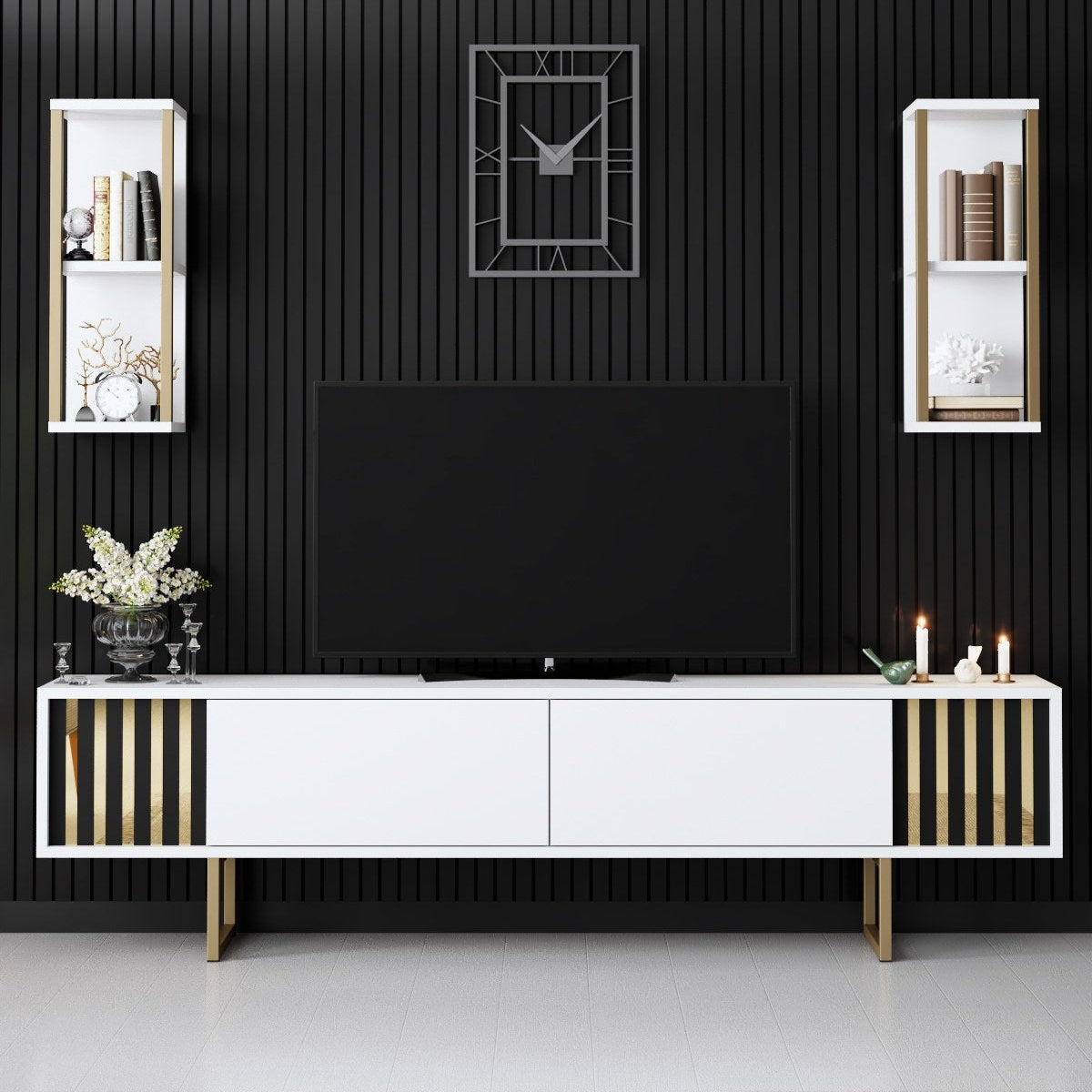 TV Meubel Set Gold Line Wit Zwart Melamine 180x48x30 cm