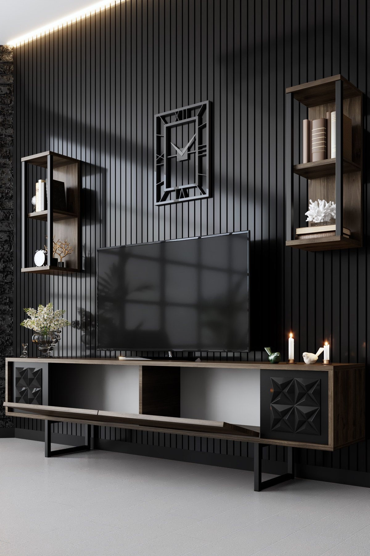 Meubelset Walnoot-Zwart - Black Line - Salontafel + TV Meubel