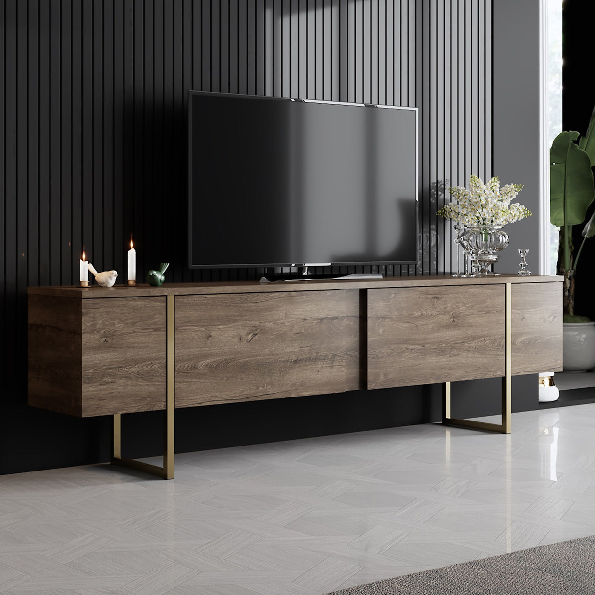 Meubelset Walnoot Luxe - Salontafel + TV Meubel - Gouden Frame