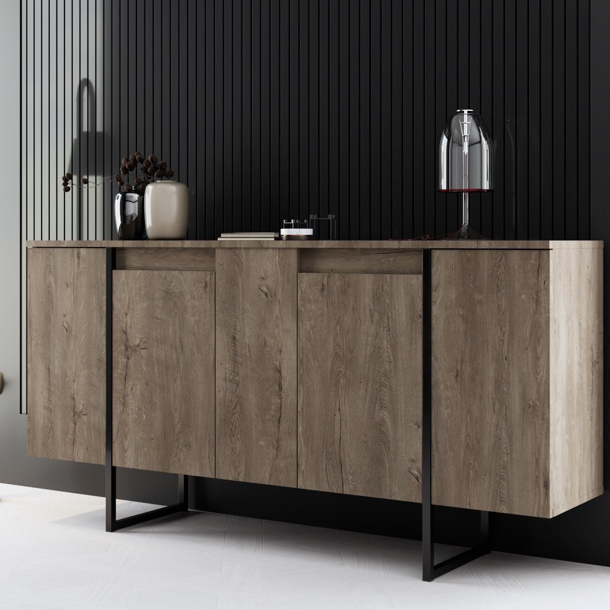 Modern Dressoir Walnoot Luxe 160x80x35 - Zwart Frame