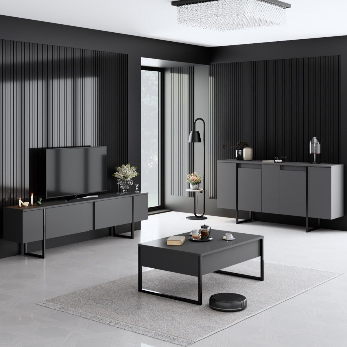 Meubelset Antraciet Luxe - Salontafel + TV Meubel + Dressoir - Zwart Frame