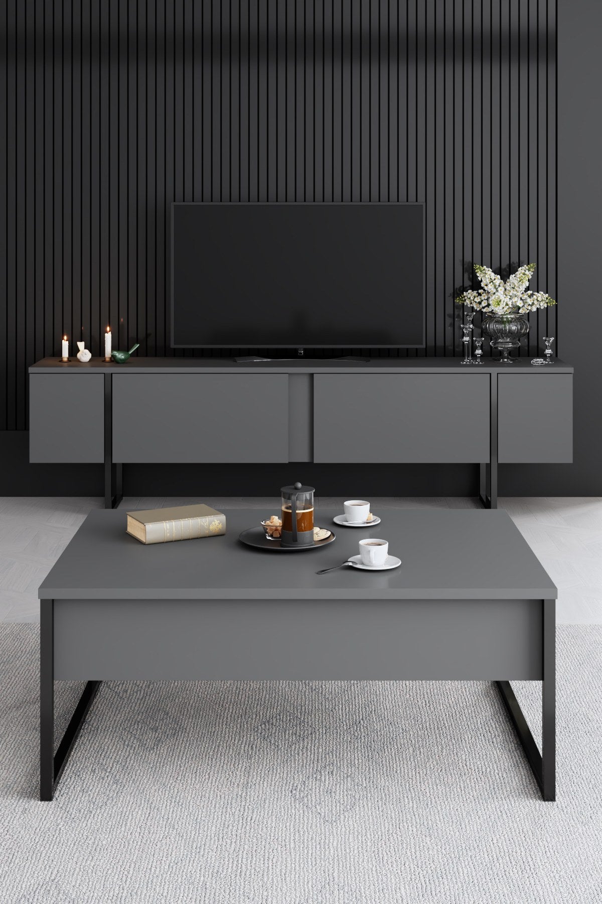 Meubelset Antraciet Luxe - Salontafel + TV Meubel + Dressoir - Zwart Frame