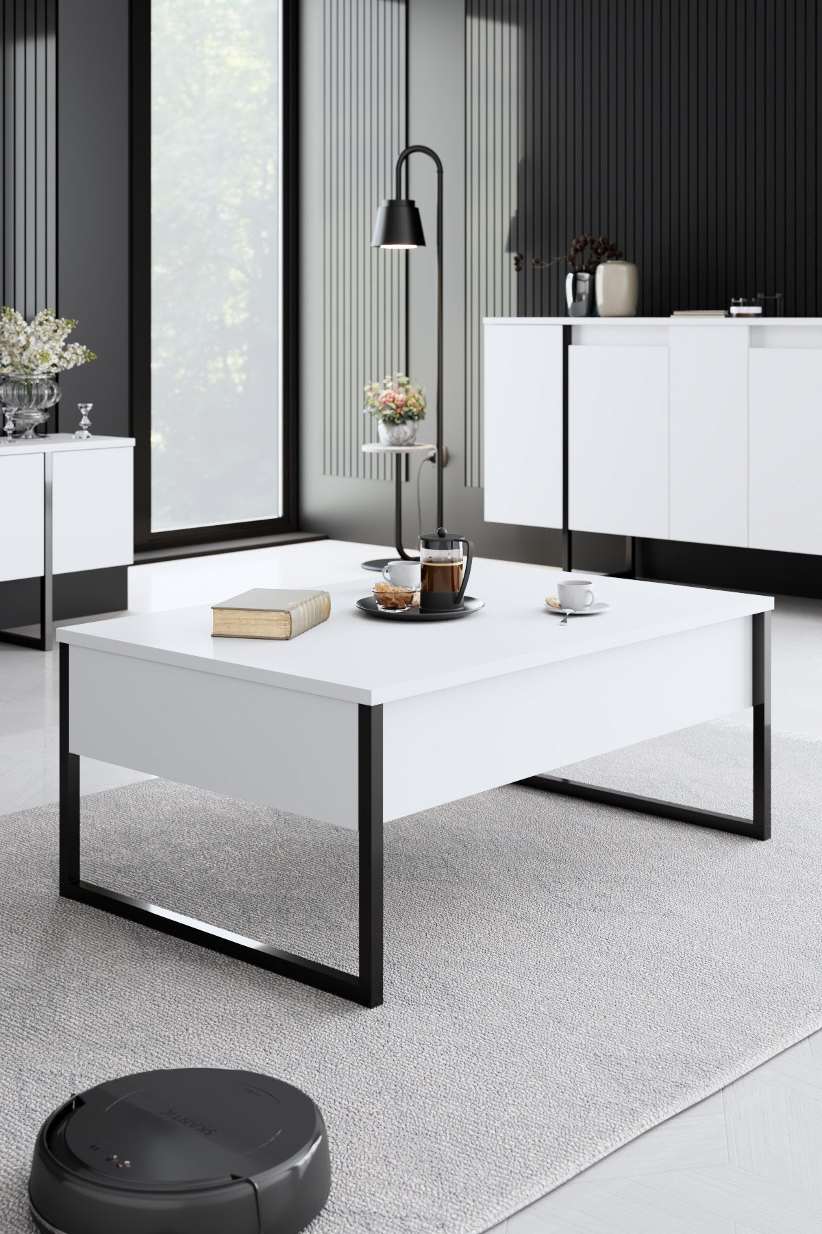 Meubelset Wit Luxe - Salontafel + TV Meubel + Dressoir - Zwart Frame