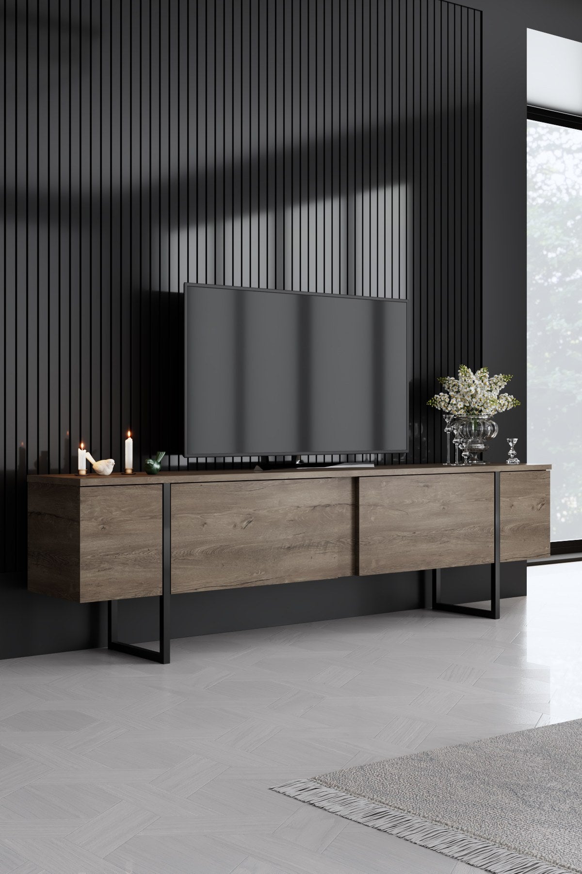 Meubelset Walnoot Luxe - Salontafel + TV Meubel + Dressoir - Zwart Frame