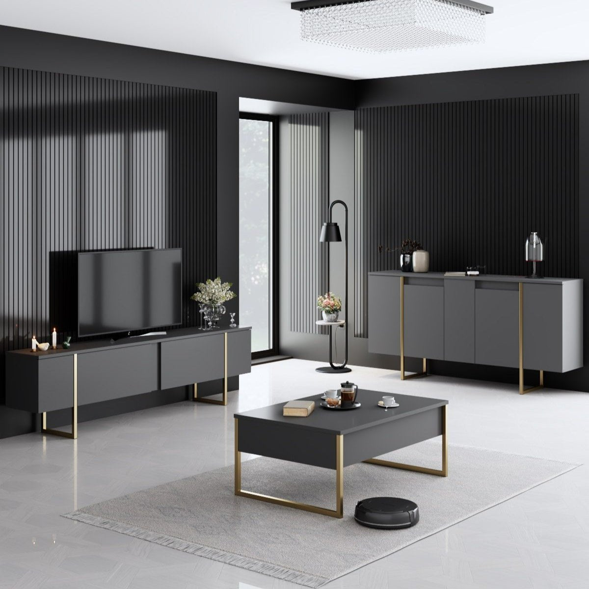 Meubelset Antraciet Luxe - Salontafel + TV Meubel + Dressoir - Gouden Frame