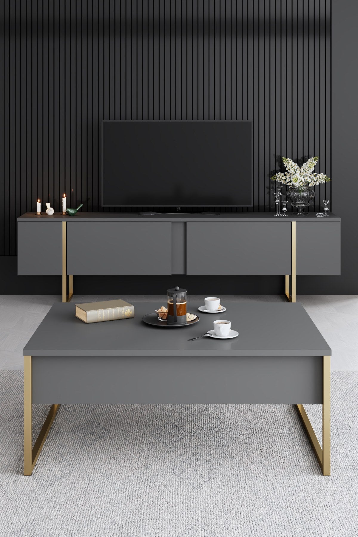 Meubelset Antraciet Luxe - Salontafel + TV Meubel + Dressoir - Gouden Frame