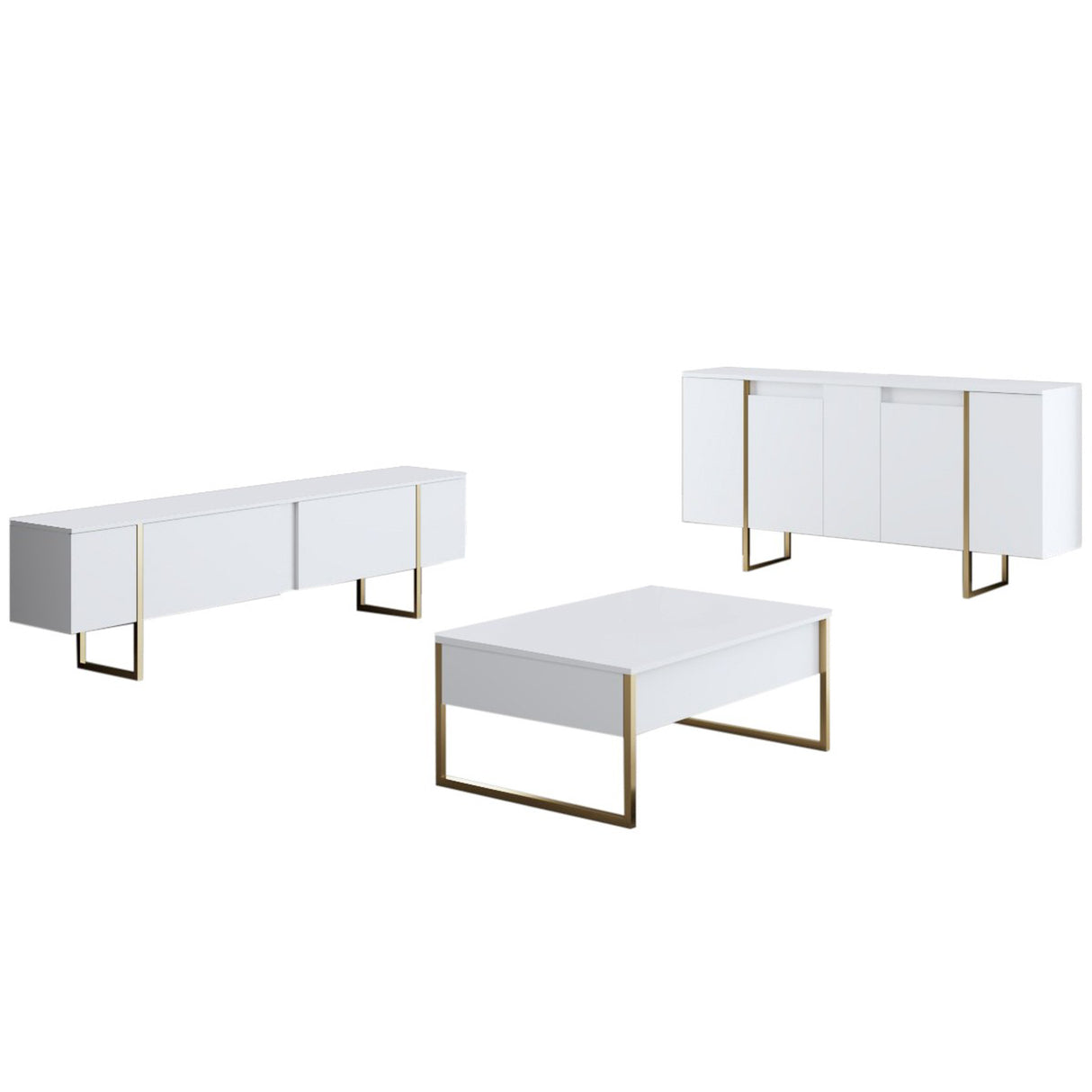 Meubelset Wit Luxe - Salontafel + TV Meubel + Dressoir - Gouden Frame