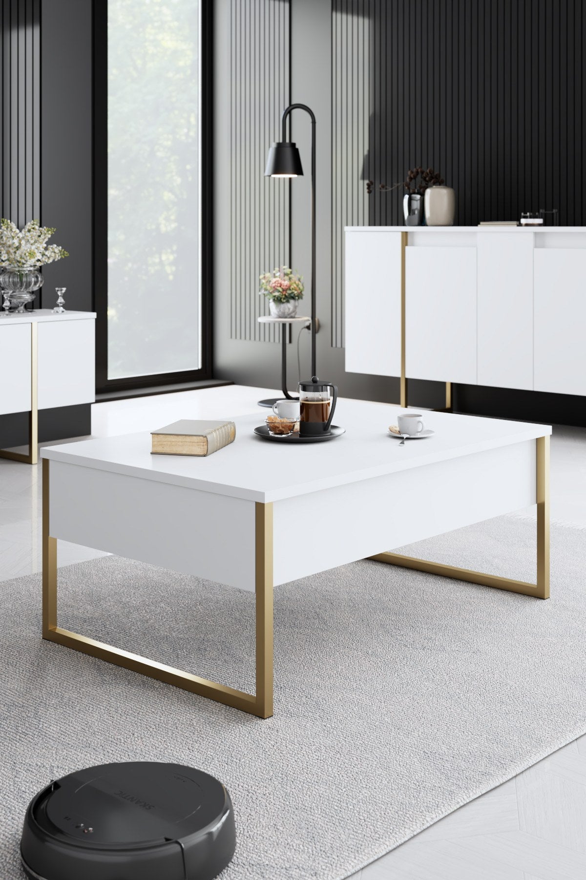 Meubelset Wit Luxe - Salontafel + TV Meubel + Dressoir - Gouden Frame