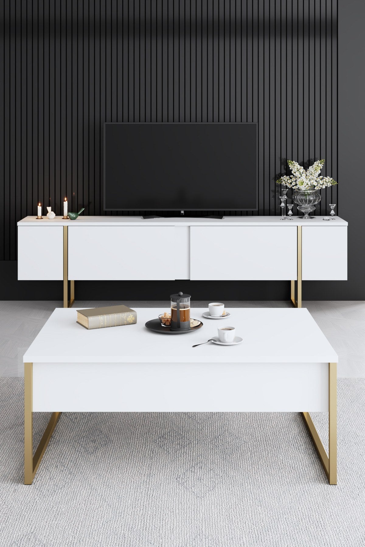 Meubelset Wit Luxe - Salontafel + TV Meubel + Dressoir - Gouden Frame